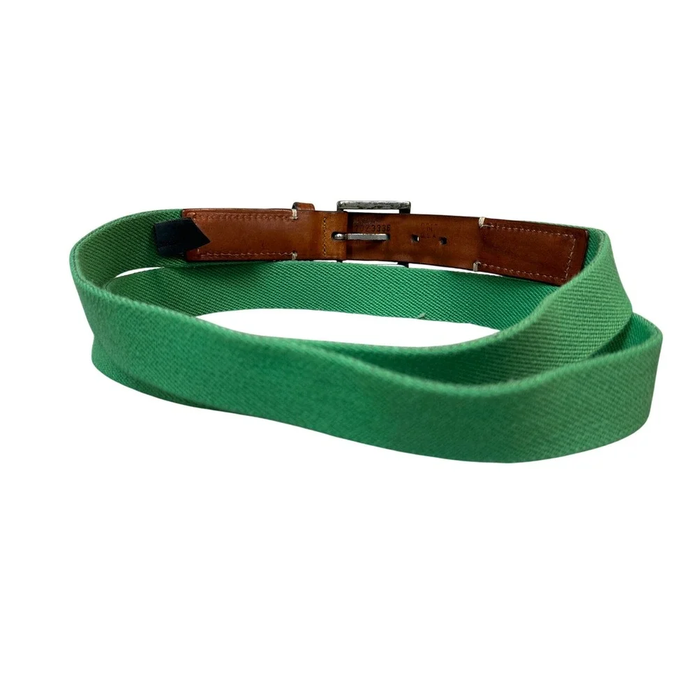 Trafalgar Mens Green Woven Fabric Brown Leather Belt Silver Tone Buckle 55 Inch